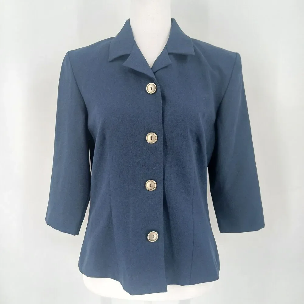 womans vintage olivia matthews size 8 navy blue button front blazer jacket